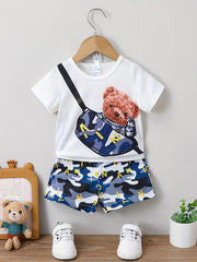 Preppy Kids Bear Graphic T-shirt & Plaid Shorts Set