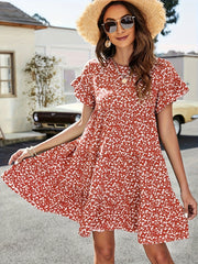  Leopard Print Round Neck Smock Dress