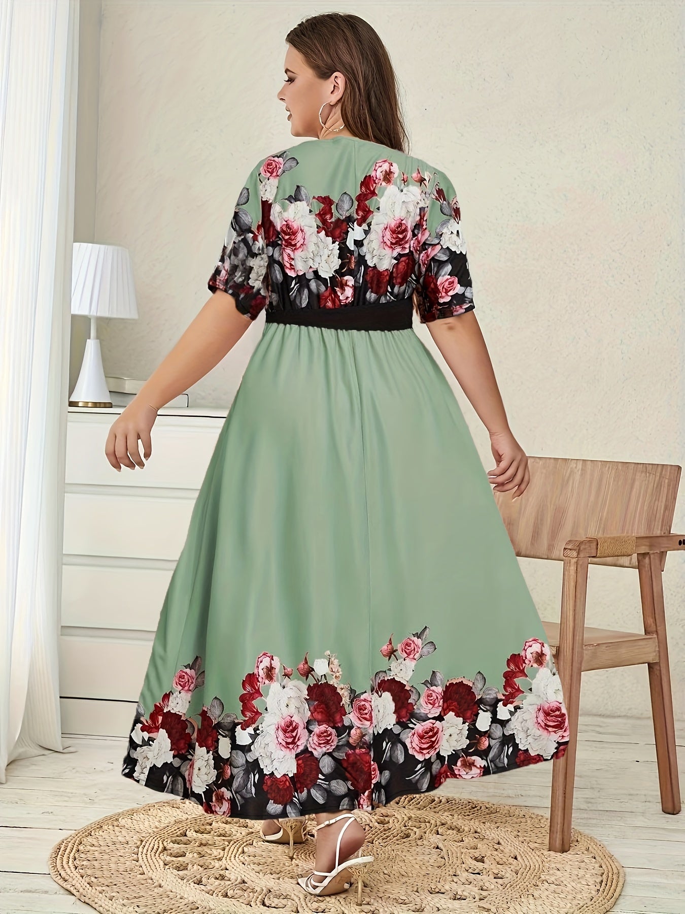  Floral Print Short Sleeve Maxi Dress