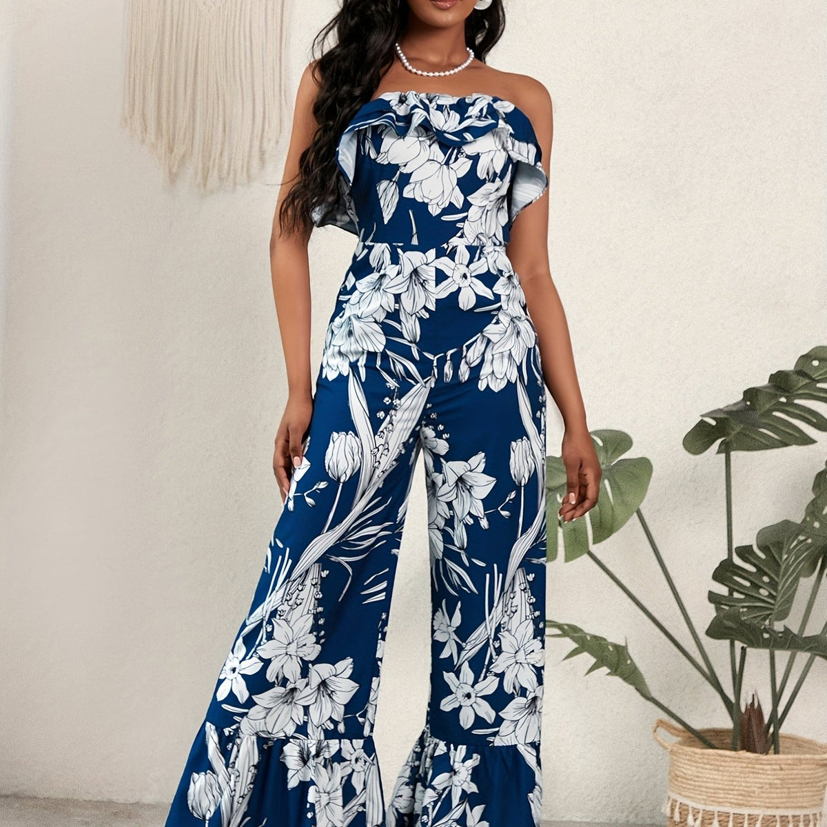 Floral Off Shoulder Jumpsuit High Waist Vacation Wear