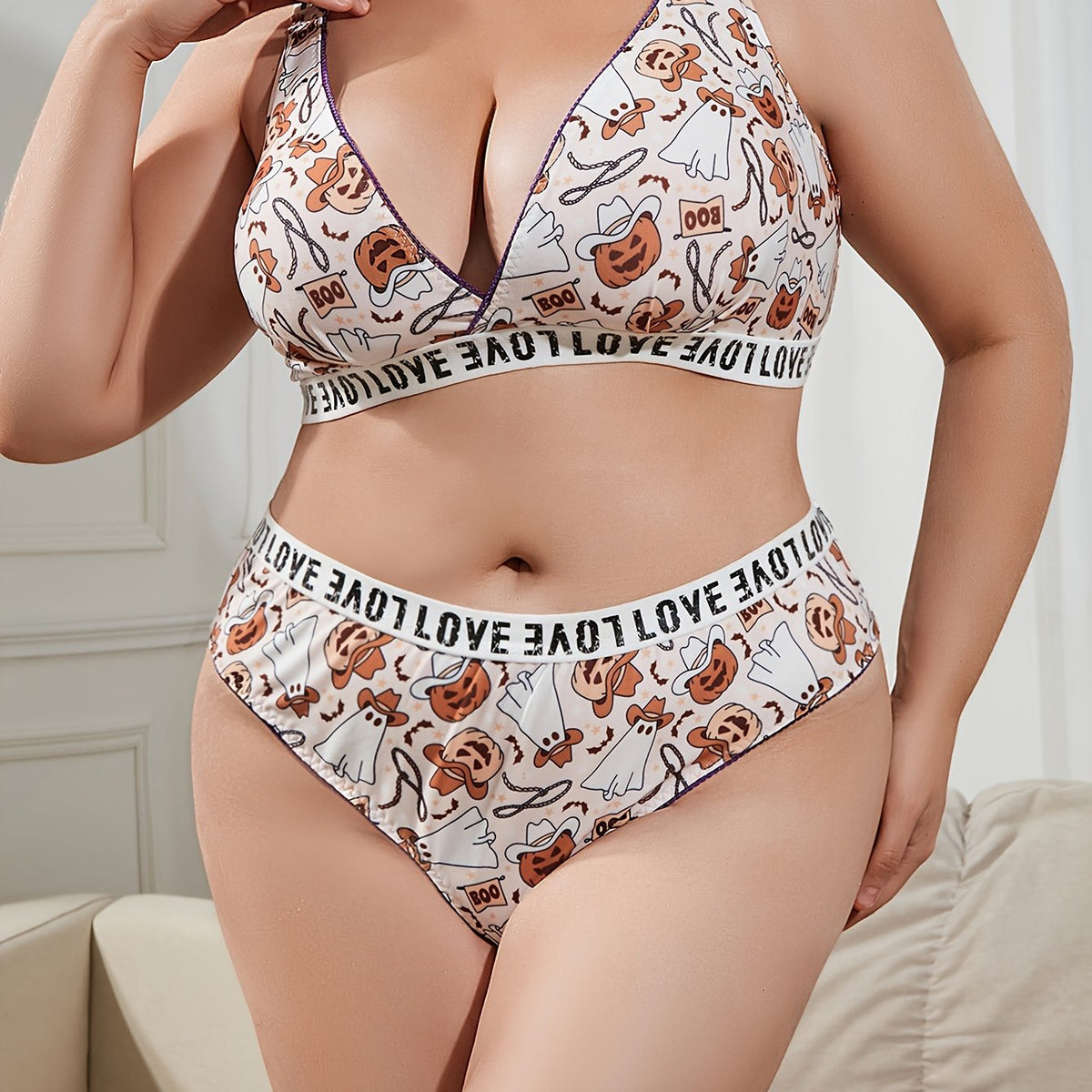  Ghost & Pumpkin Print Lingerie Set