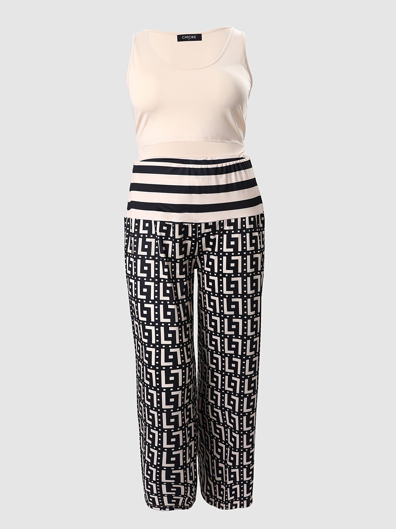  Tank Top & Print Pant Set Women's Casual Two Pieces Set