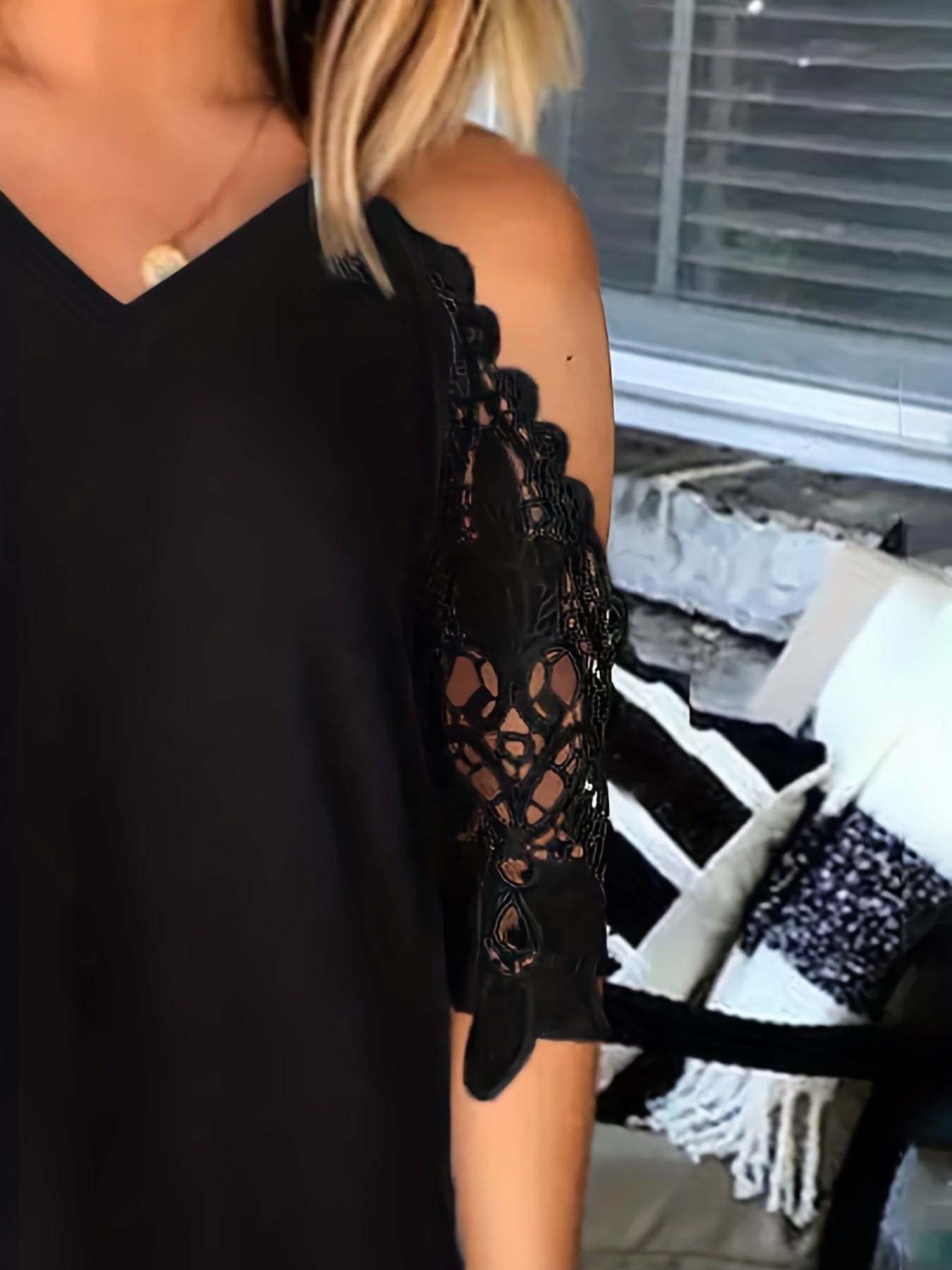  Cold Shoulder Lace V Neck Stretch Dress