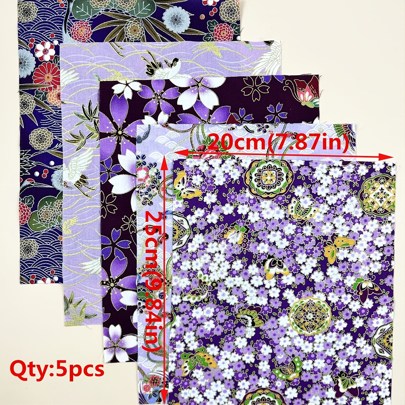 5pcs Purple Cotton Flower Printed Cheongsam Kimono Dress Fabric
