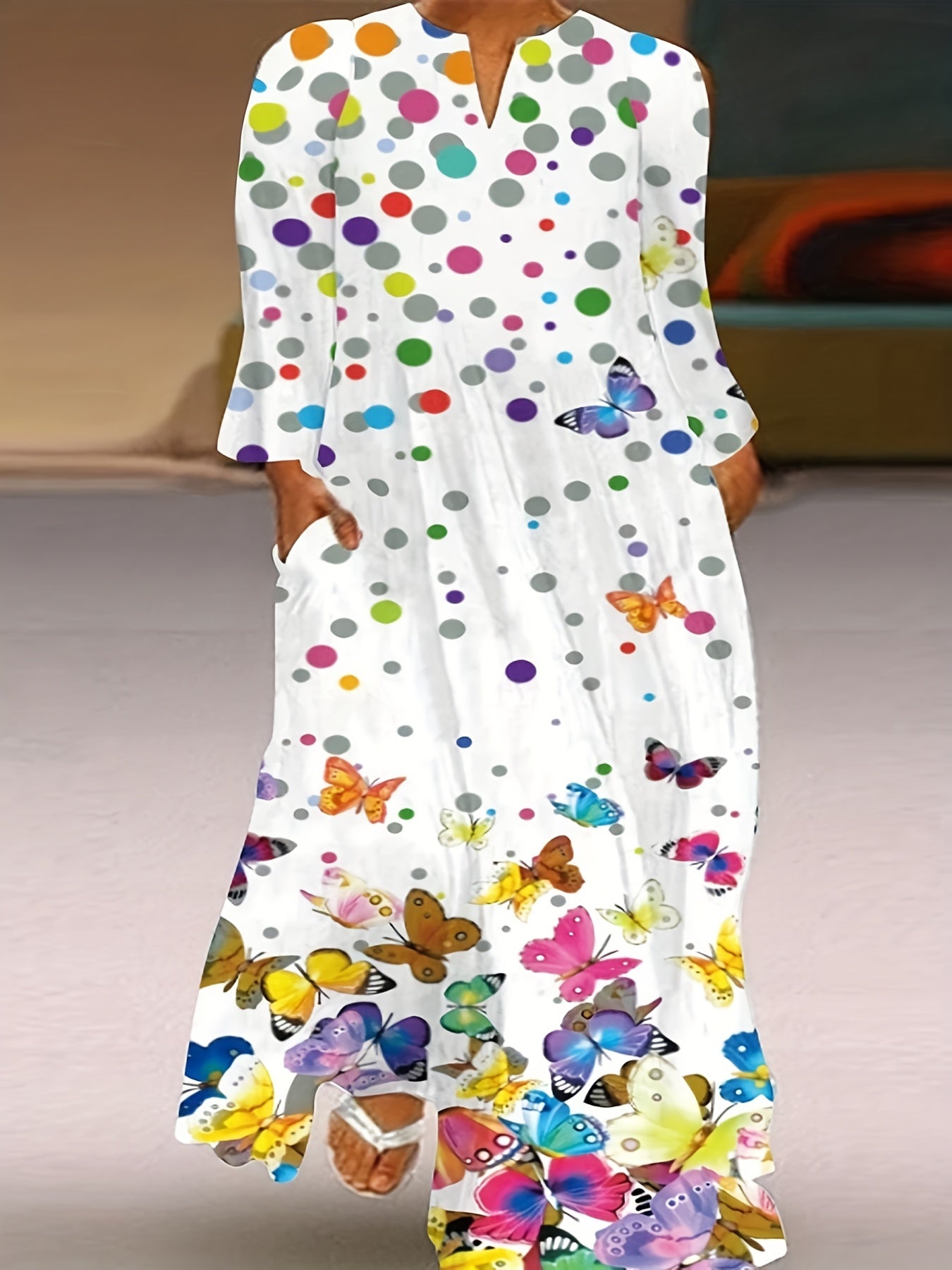  Moon & Feather Print Maxi Dress with Pockets