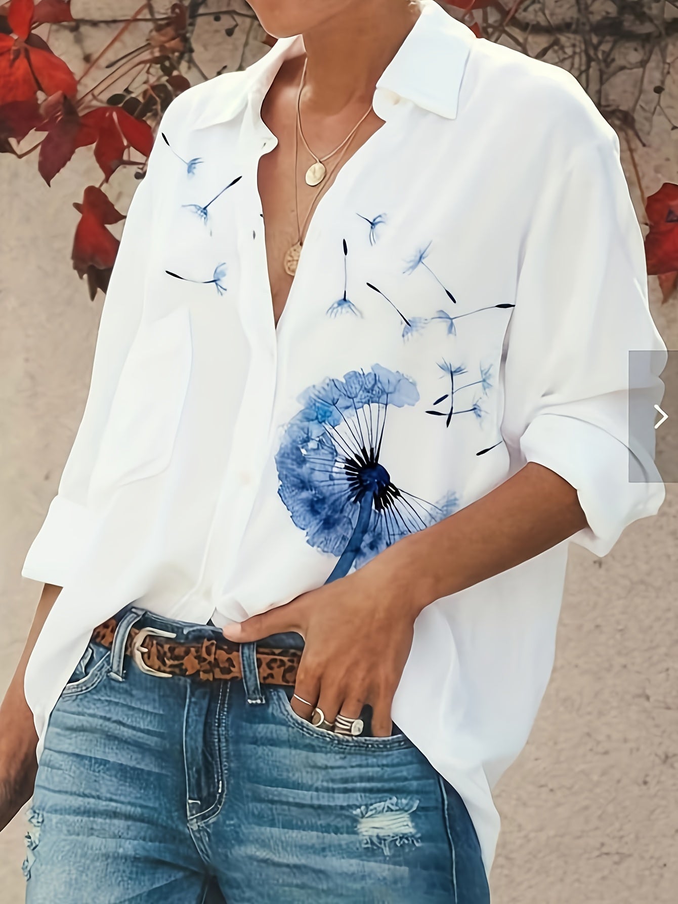 Dandelion Print Long Sleeve Button Up Collar Shirt