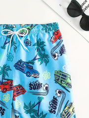 Quick Dry Drawstring Swim Trunks Men's Cars & Coconut Tree Beach Pants