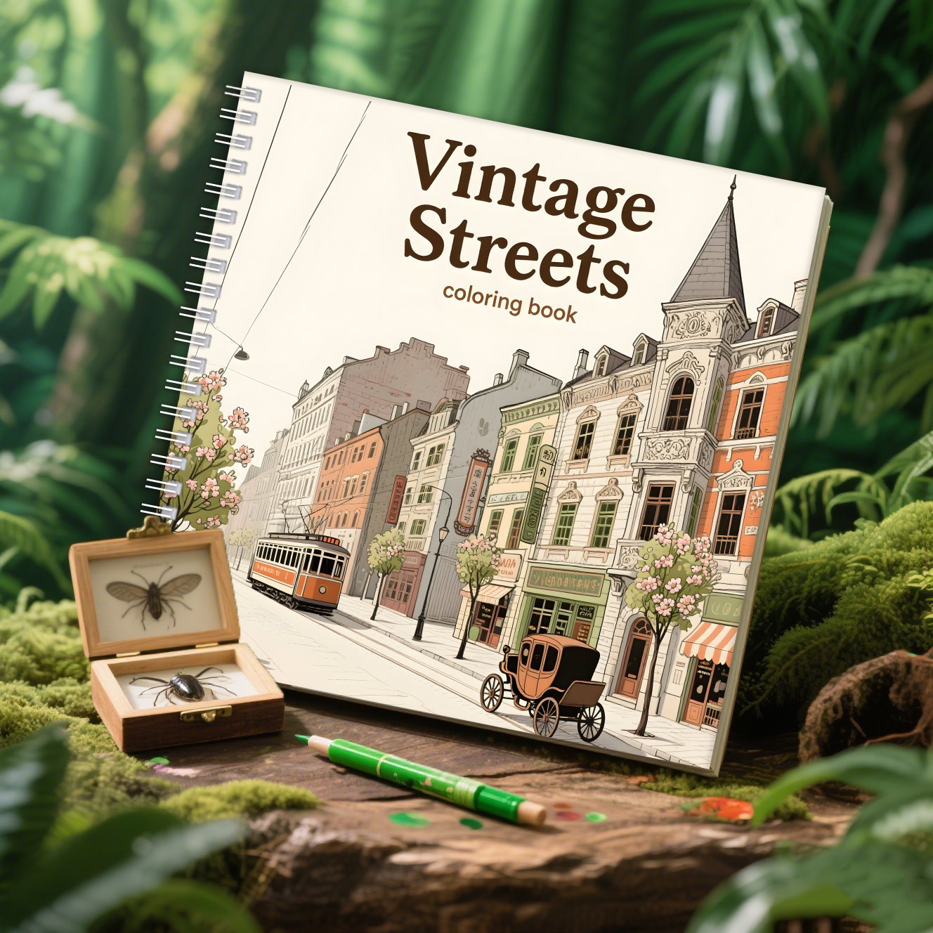 European Streets Coloring Book for Adults - Tram Scenes