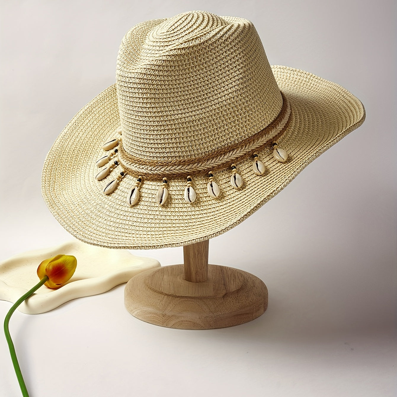 Boho Straw Hat Shell Chain Decor Wide Brim Khaki Sun Hat