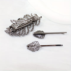 Leaf Rhinestone Hairpin Metal Hair Clip for Women Girls