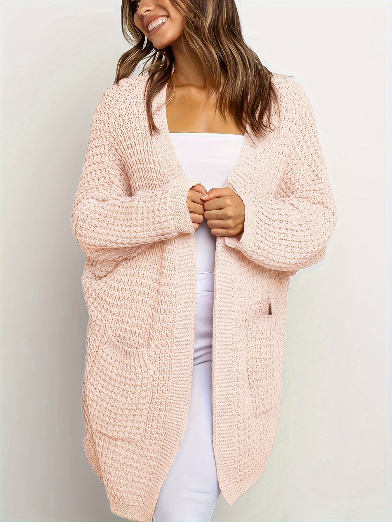  Solid Bat Sleeve Cardigan With Pockets