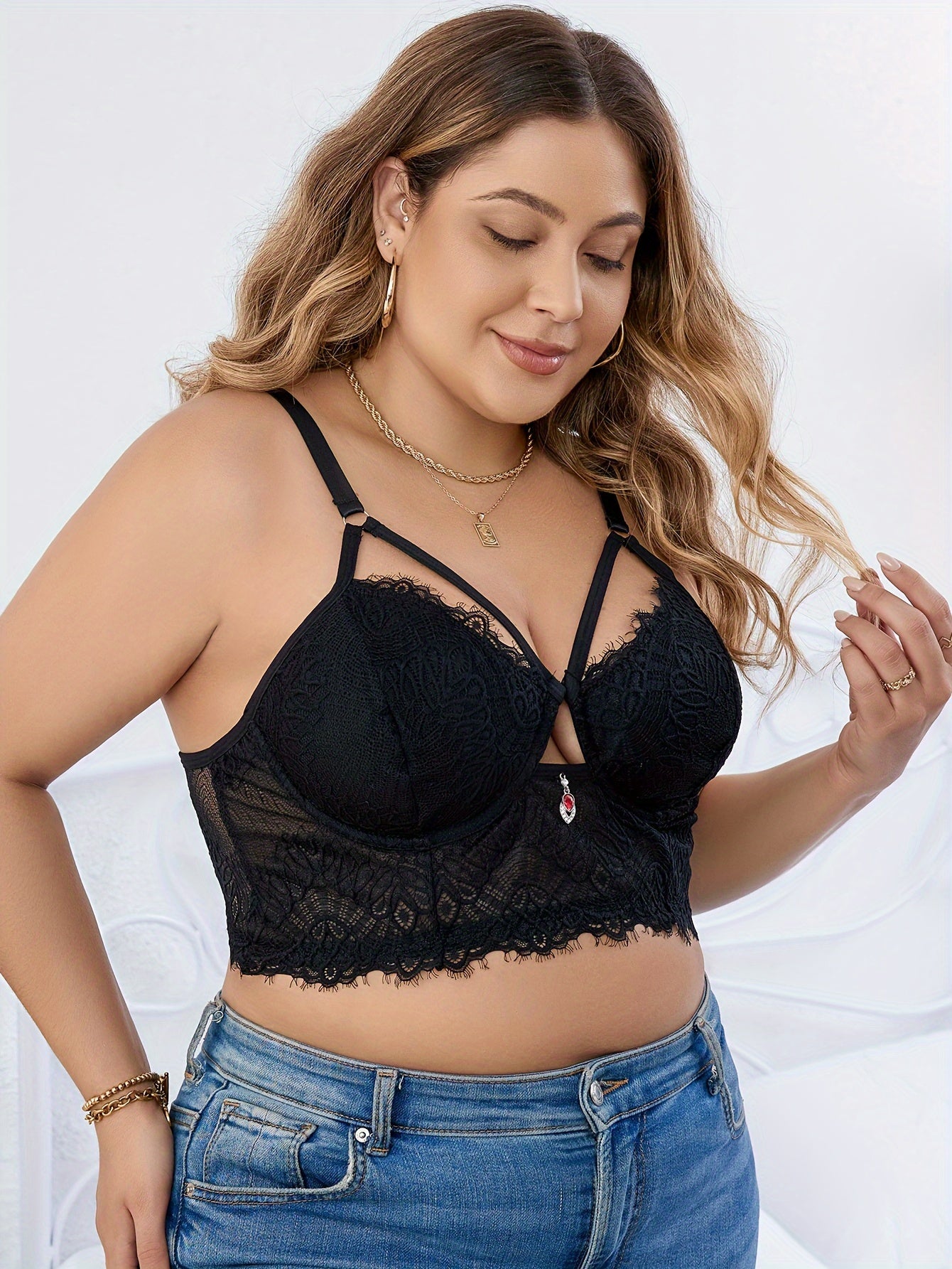  Sexy Rhinestone Lace Strappy Bra
