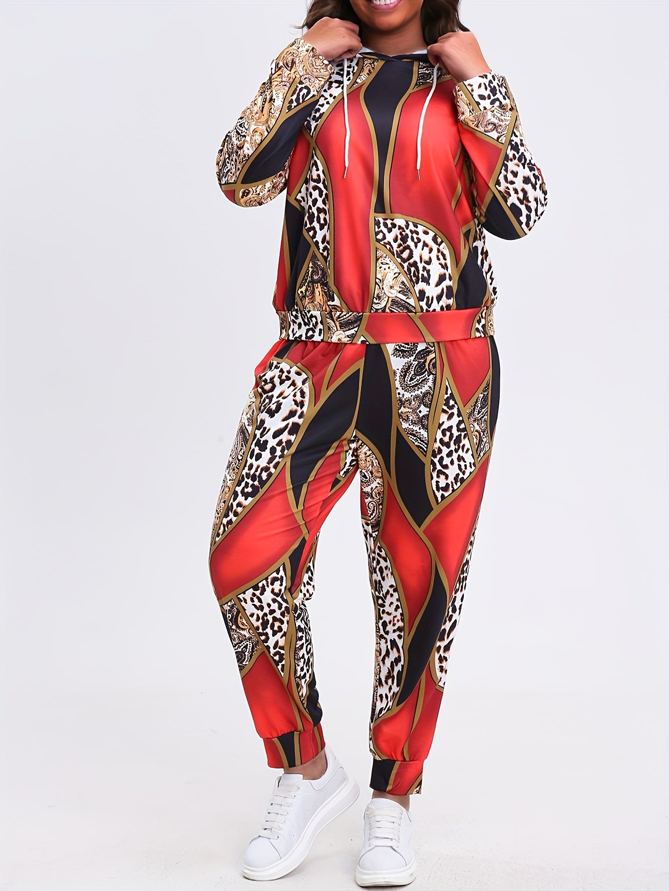  Colorblock Leopard Print Hoodie & Pants Set