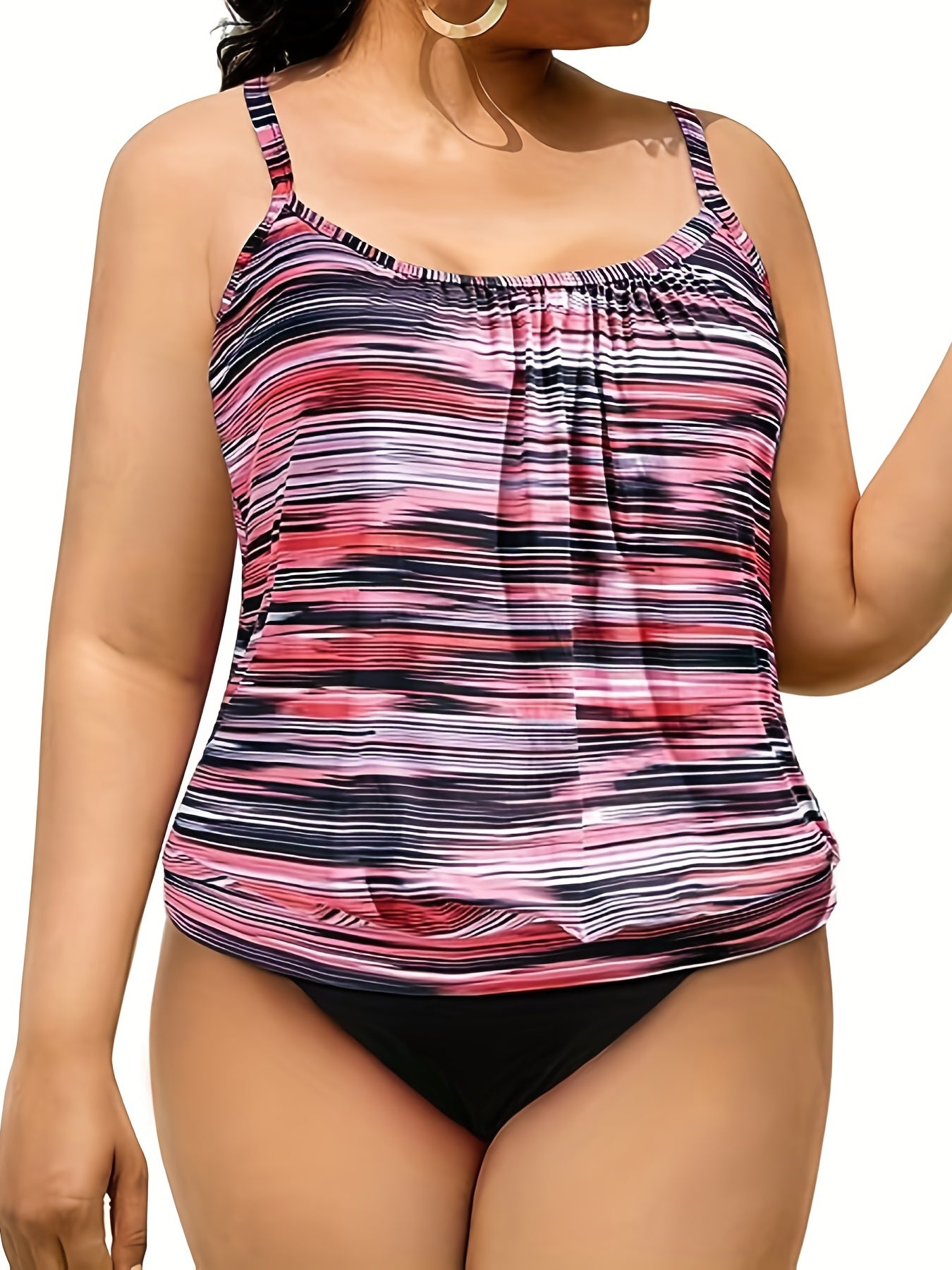 Striped Print Tankini Set Cami Top & Panty Swimsuit 2 Piece