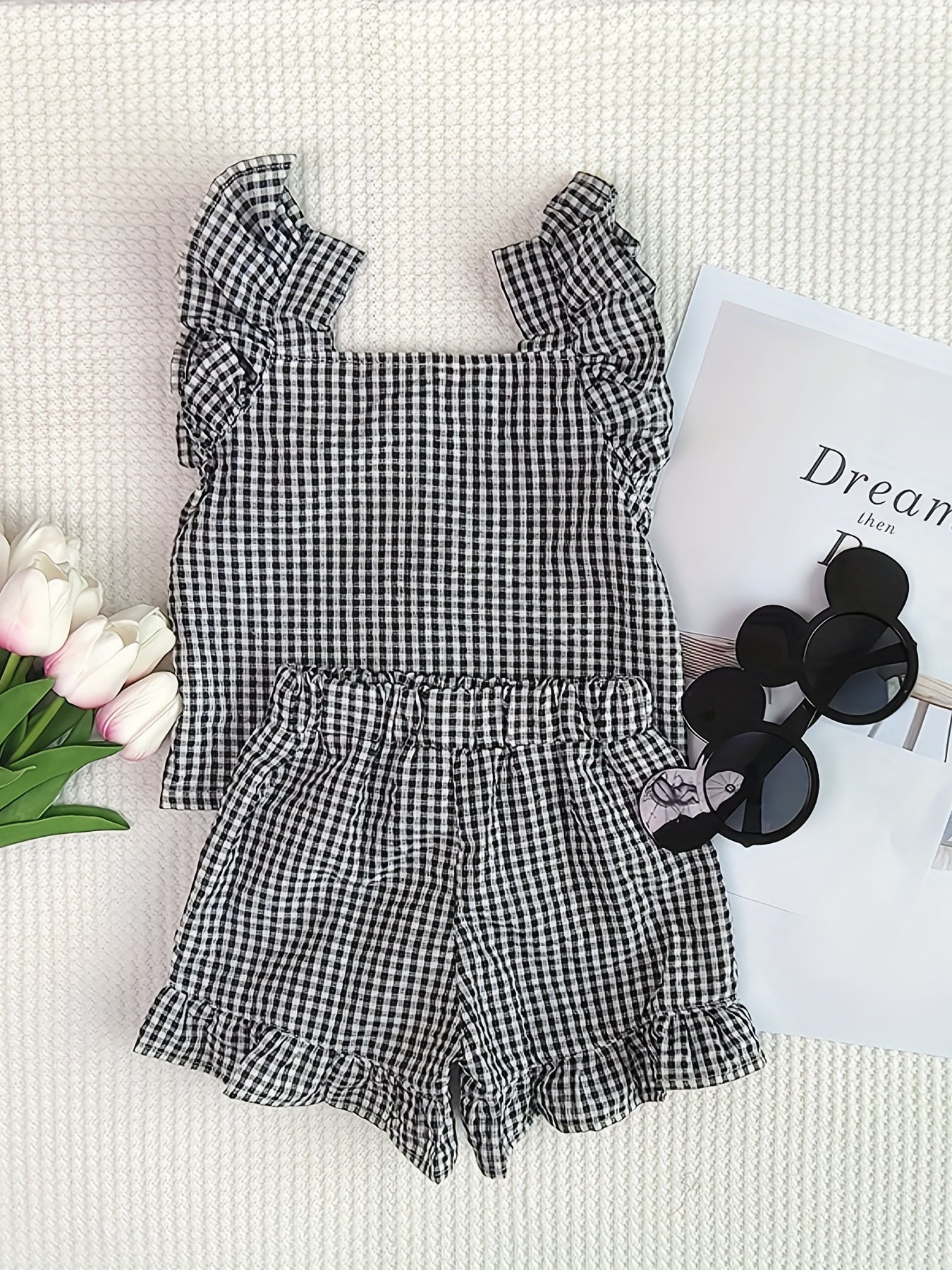 Plaid Ruffle Trim Top With Shorts Set for Baby Girls