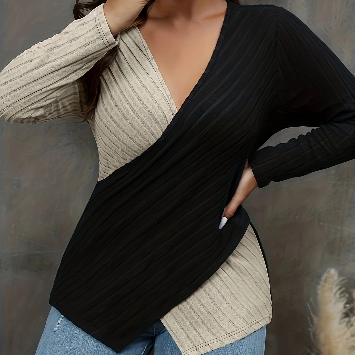  Colorblock Cross V Neck Knit Top Long Sleeve