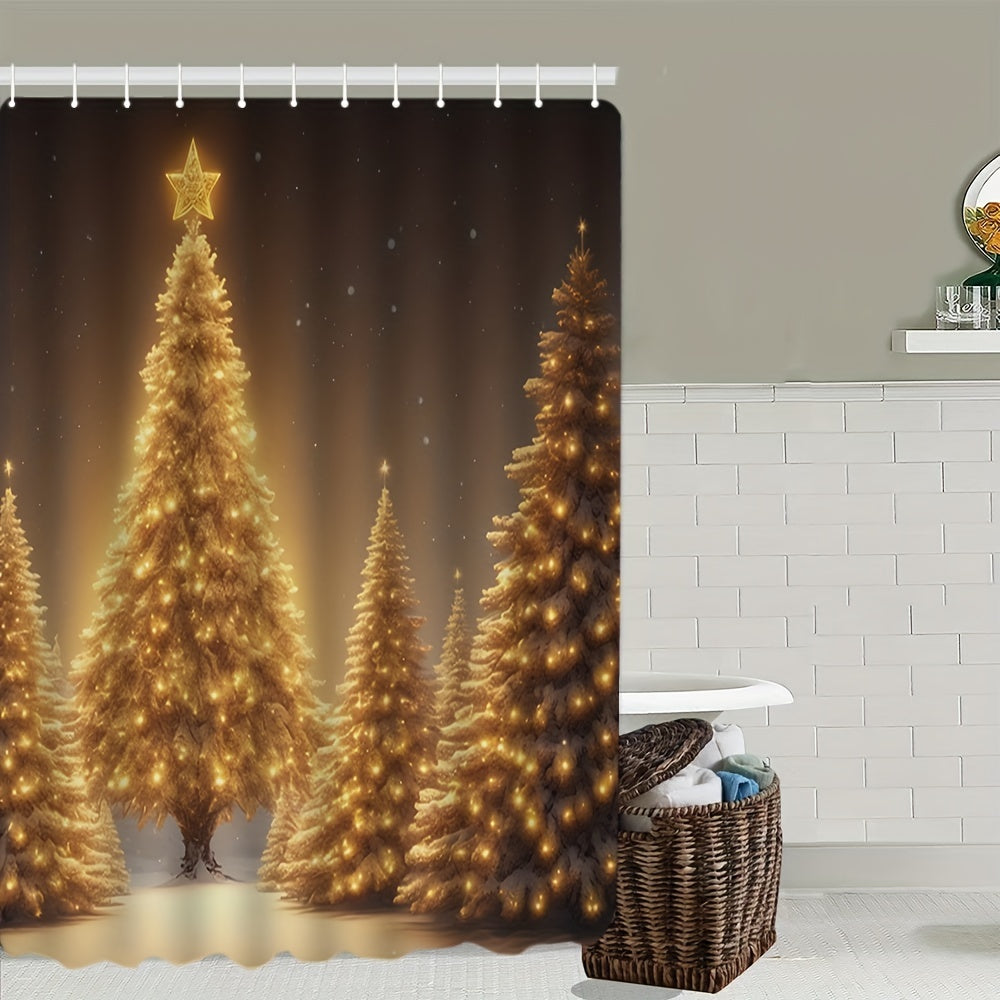 Golden Christmas Tree Shower Curtain Set