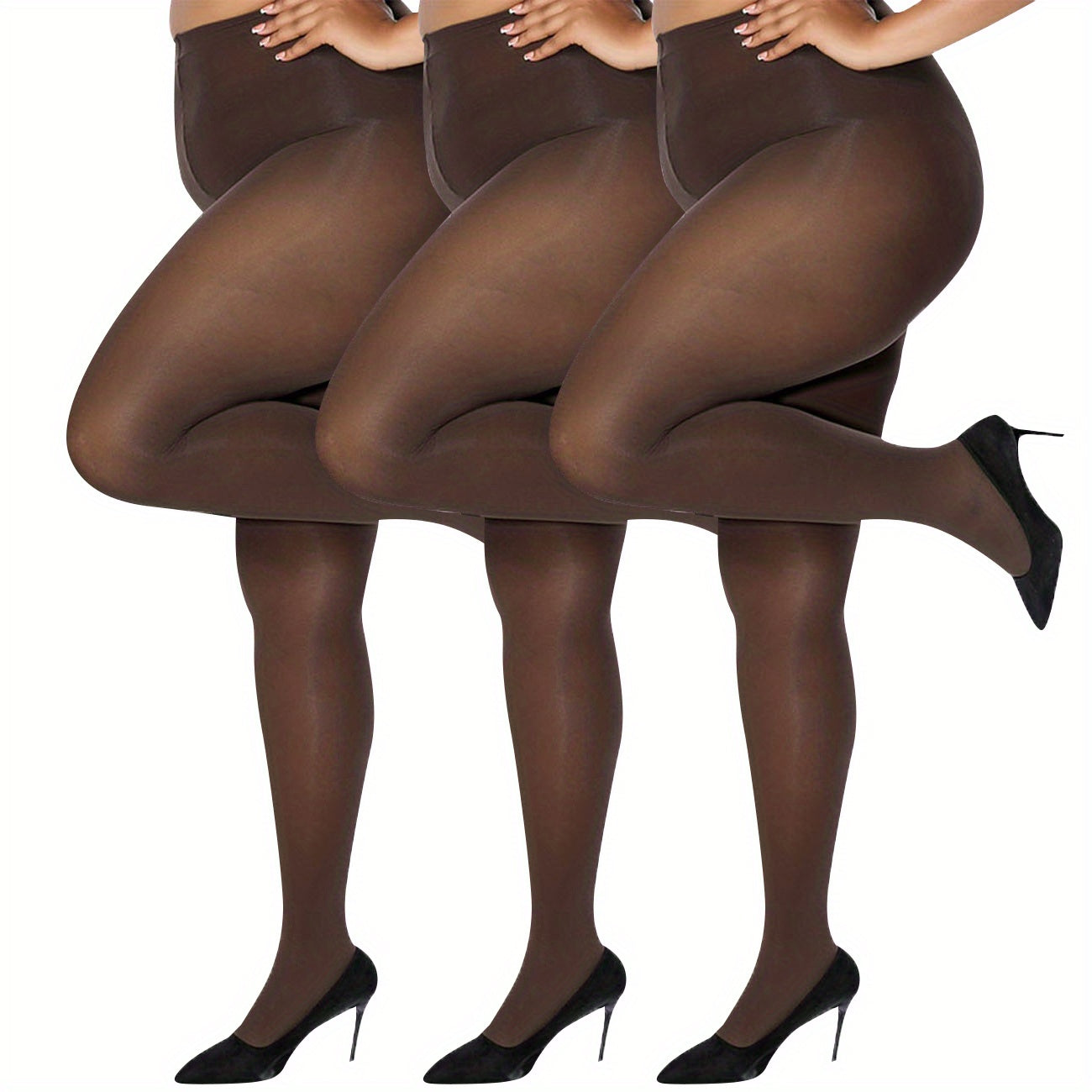 3 Pairs Plus Size Basic Pantyhose Set Women's Plus Solid Control Top