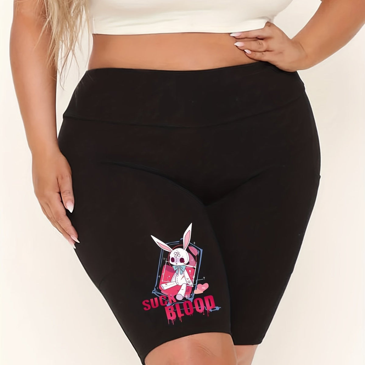  Rabbit & Letter Print High Rise Biker Shorts