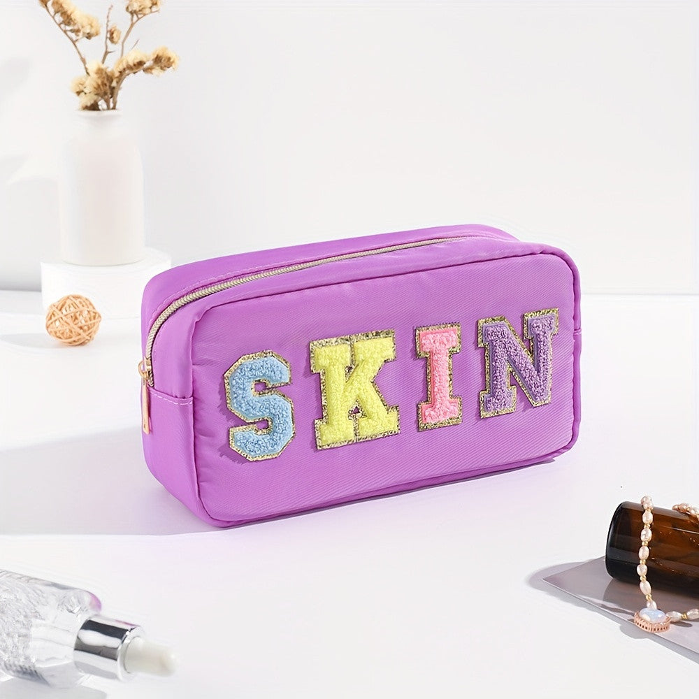 Plush Letter Print Zipper Makeup Pouch Portable Cosmetic Bag