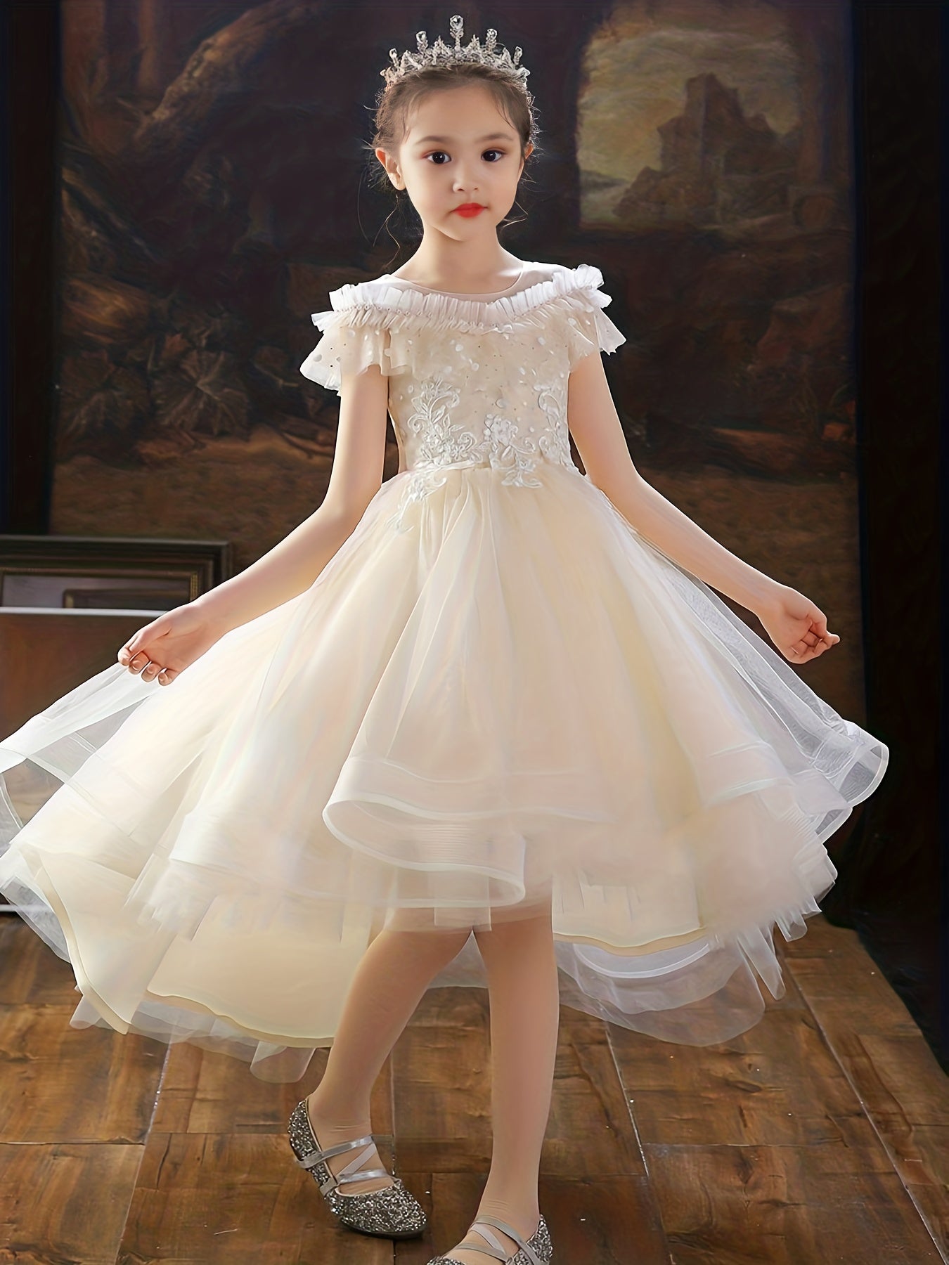 Girls Flowers Embroidery High Low Party Dress