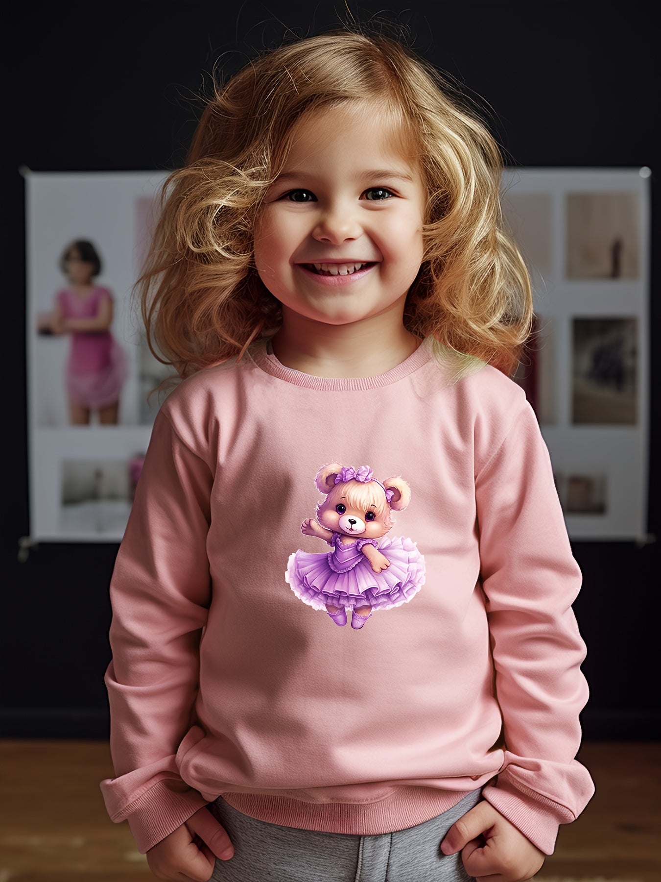 Girls Bear Pattern Crew Neck Sweatshirt For Spring Fall Christmas Gift