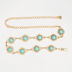 Boho Turquoise Inlay Waist Chain Golden Metal Openwork Belly Chain