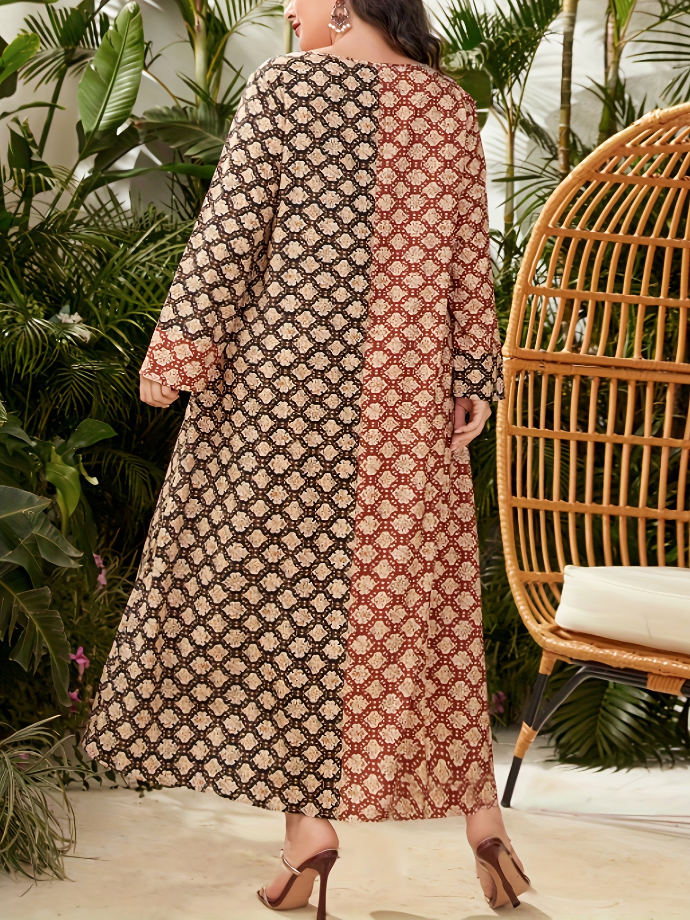  Boho Abaya Dress Women's Plus Colorblock Allover Print Long Sleeve