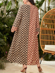  Boho Abaya Dress Women's Plus Colorblock Allover Print Long Sleeve