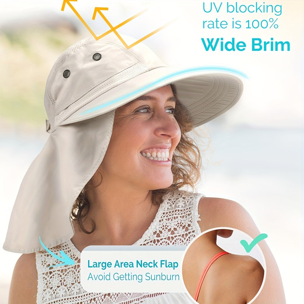 Wide Brim UPF 50 Sun Hat UV Protection Ponytail Bucket Hat With Neck Flap
