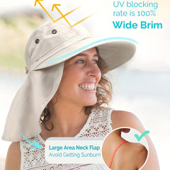 Wide Brim UPF 50 Sun Hat UV Protection Ponytail Bucket Hat With Neck Flap