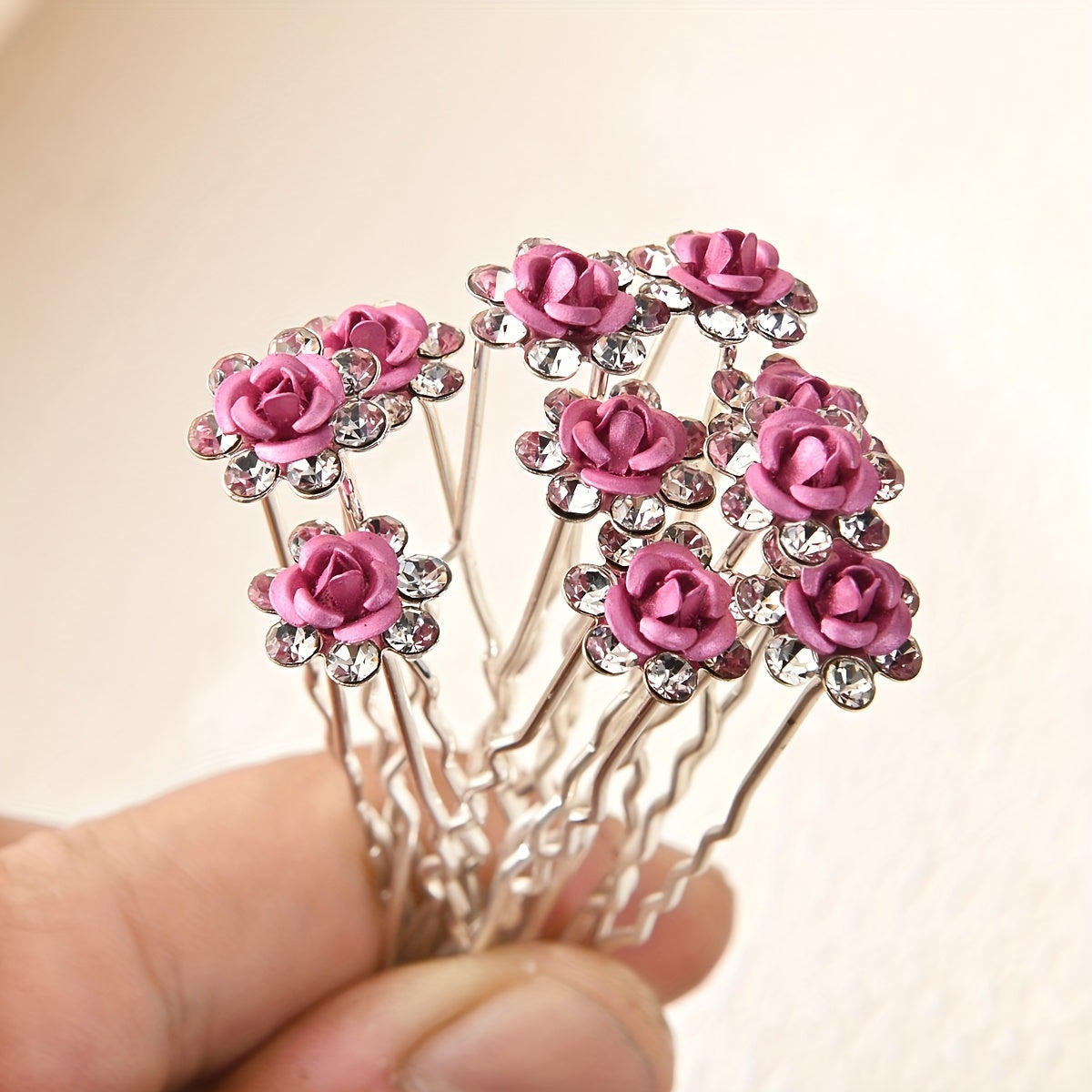 U Shaped Hair Clips Set with Rhinestones & Roses for Bridal & Everyday