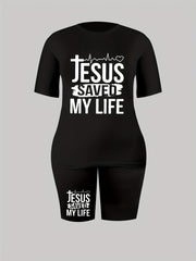  Graphic Tee & Stretch Shorts Two Piece Outfit Set