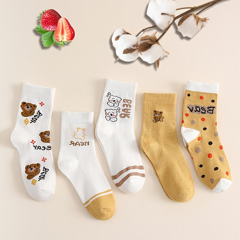 5 Pairs Bear Print Socks, Comfy & Mid Tube, Women's Stockings & Hosiery