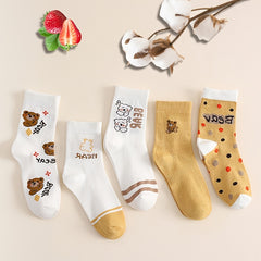 5 Pairs Bear Print Socks, Comfy & Mid Tube, Women's Stockings & Hosiery