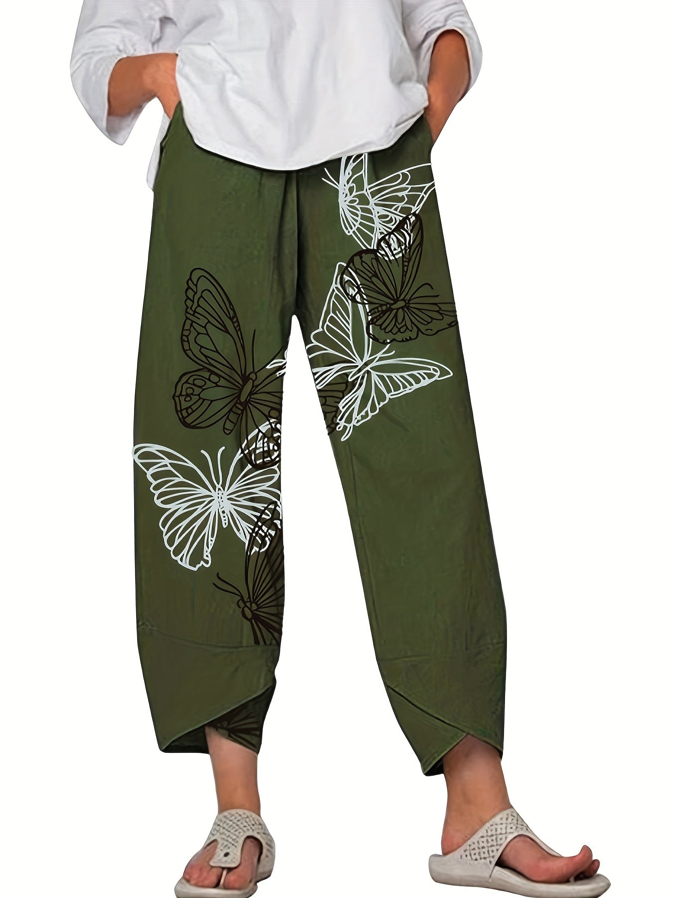  Butterfly Print Wide Leg Cropped Pants