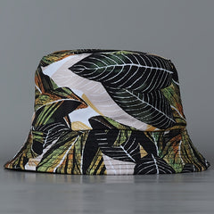 Dark Green Reversible Bucket Hat Beige Large Leaf Lightweight Fisherman Cap