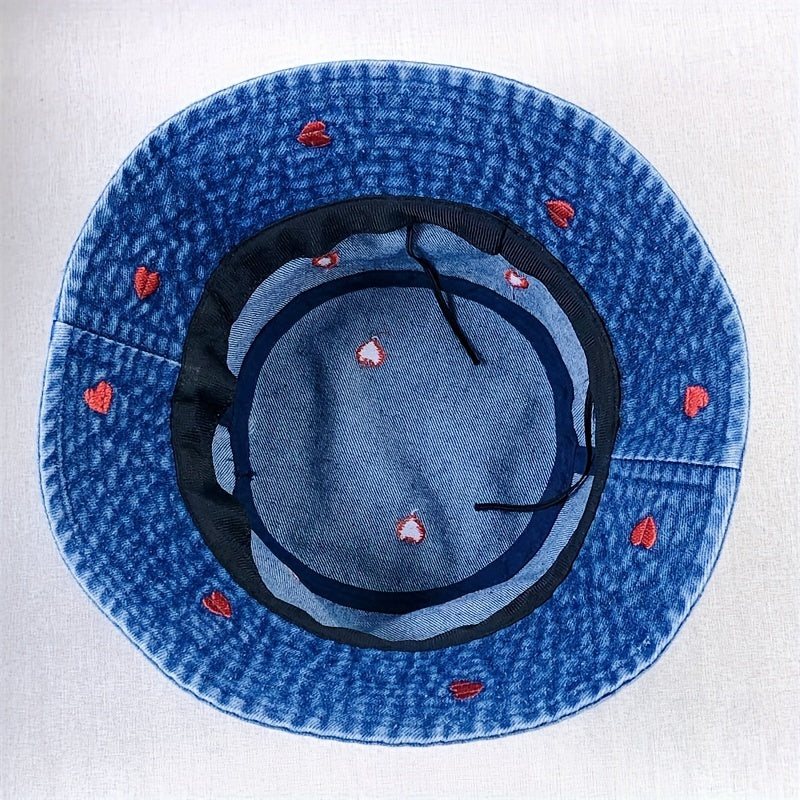 Heart Embroidery Bucket Hat Women Sunshade Fisherman Cap