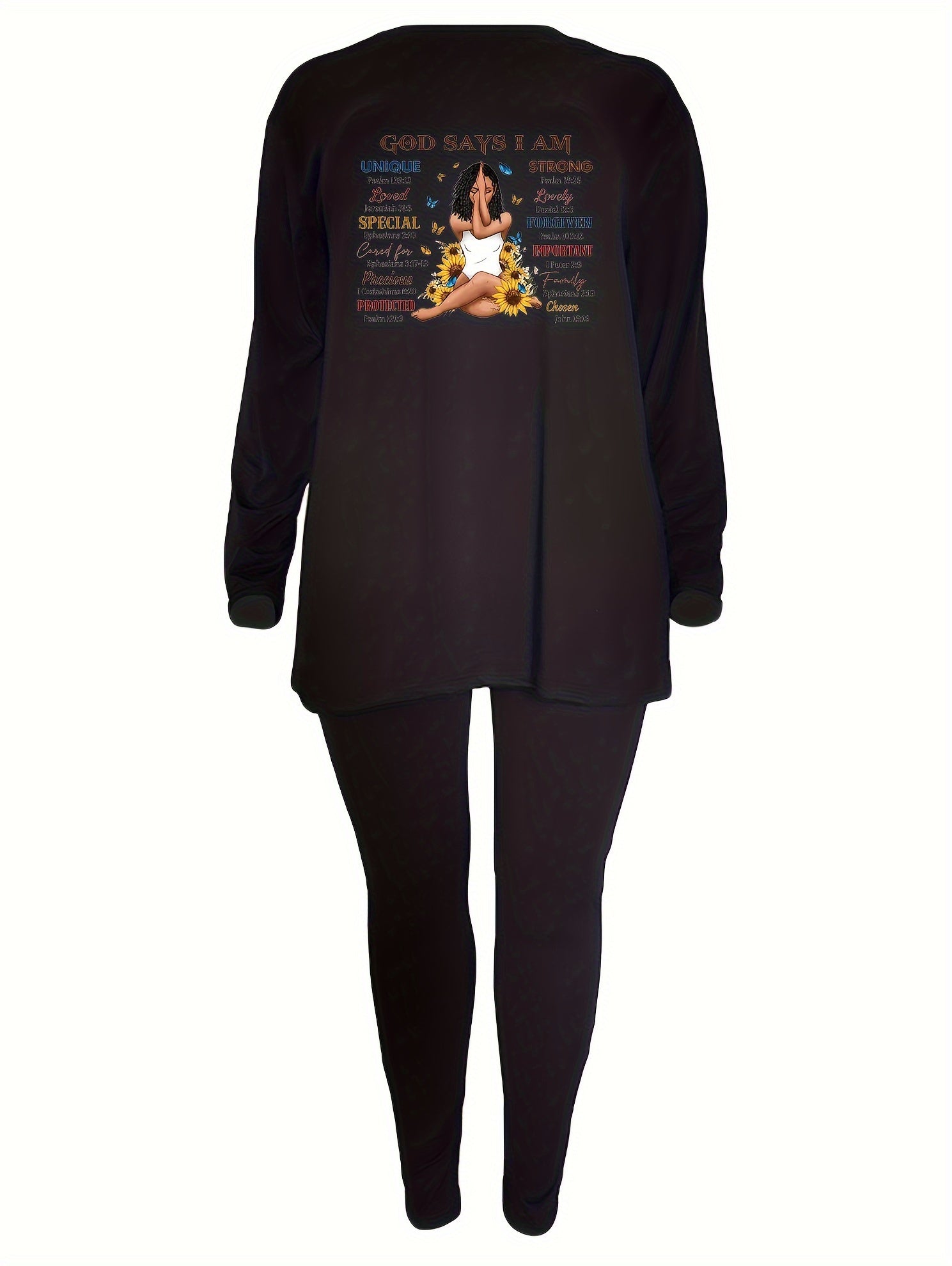  Women's Figure & Slogan Print Long Sleeve Top & Pants Set