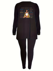  Women's Figure & Slogan Print Long Sleeve Top & Pants Set