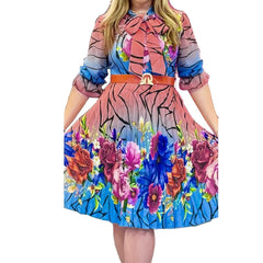 Floral Print Bow Tie Half Sleeve Midi Dress Women's Plus Size