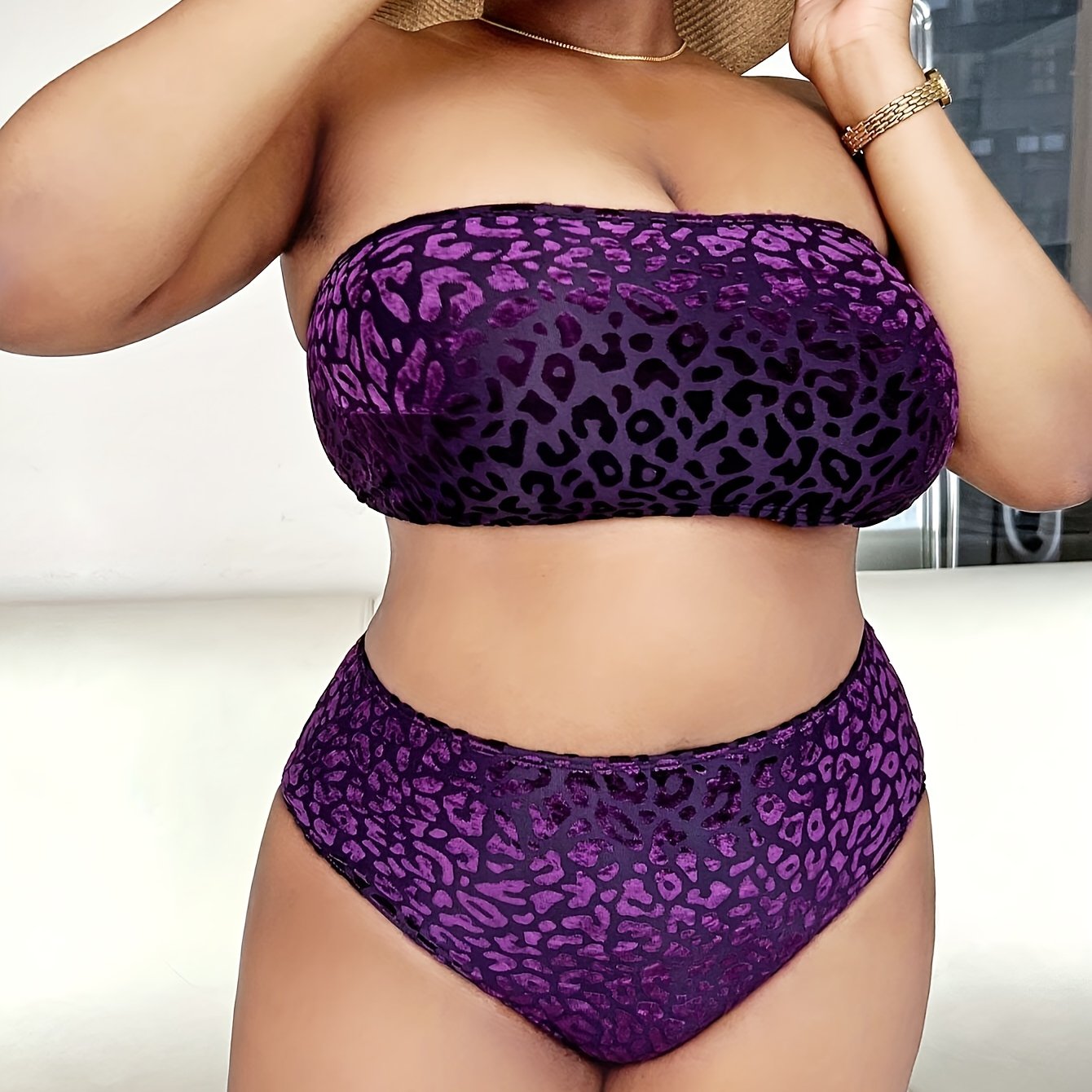  Leopard Print Bikini Set Bandeau Bra & High Waisted Panty Swimsui