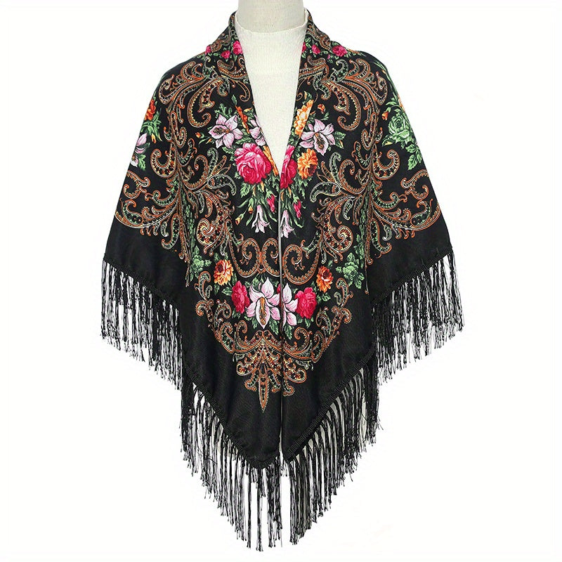 Boho Flower Print Tassel Scarf Vintage Wrap Shawl