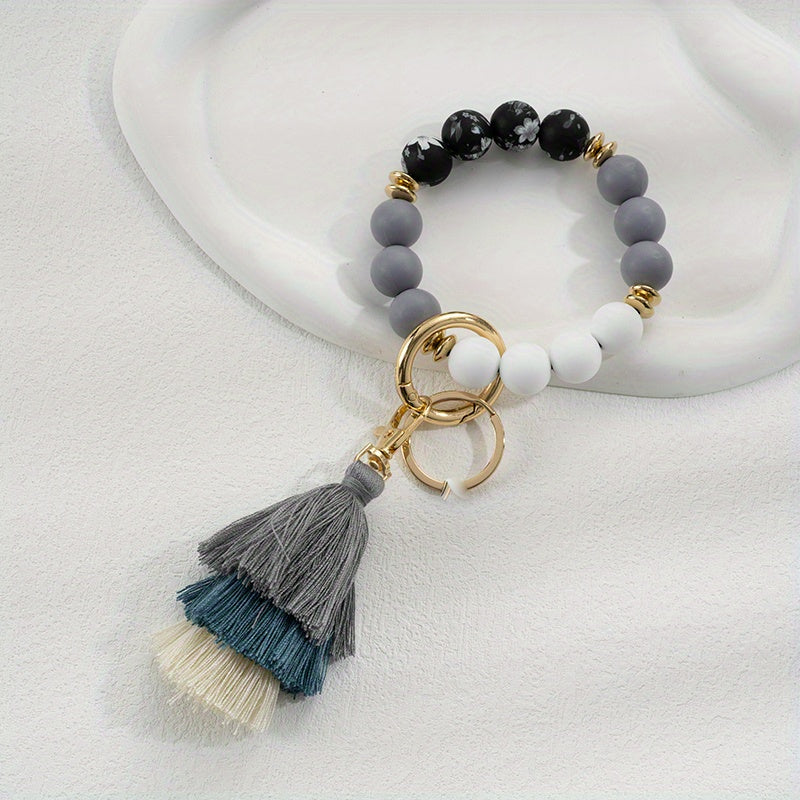 Vintage Silicone Beads Bracelet Key Ring For Girls Child Tassel Keychain Pendant