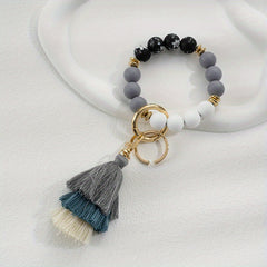 Vintage Silicone Beads Bracelet Key Ring For Girls Child Tassel Keychain Pendant