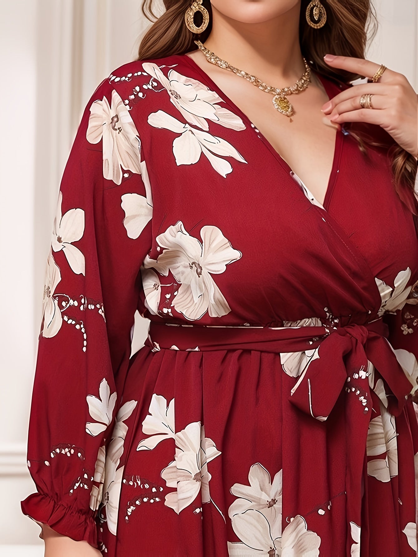 Floral Print Lantern Sleeve Smock Dress With Belt