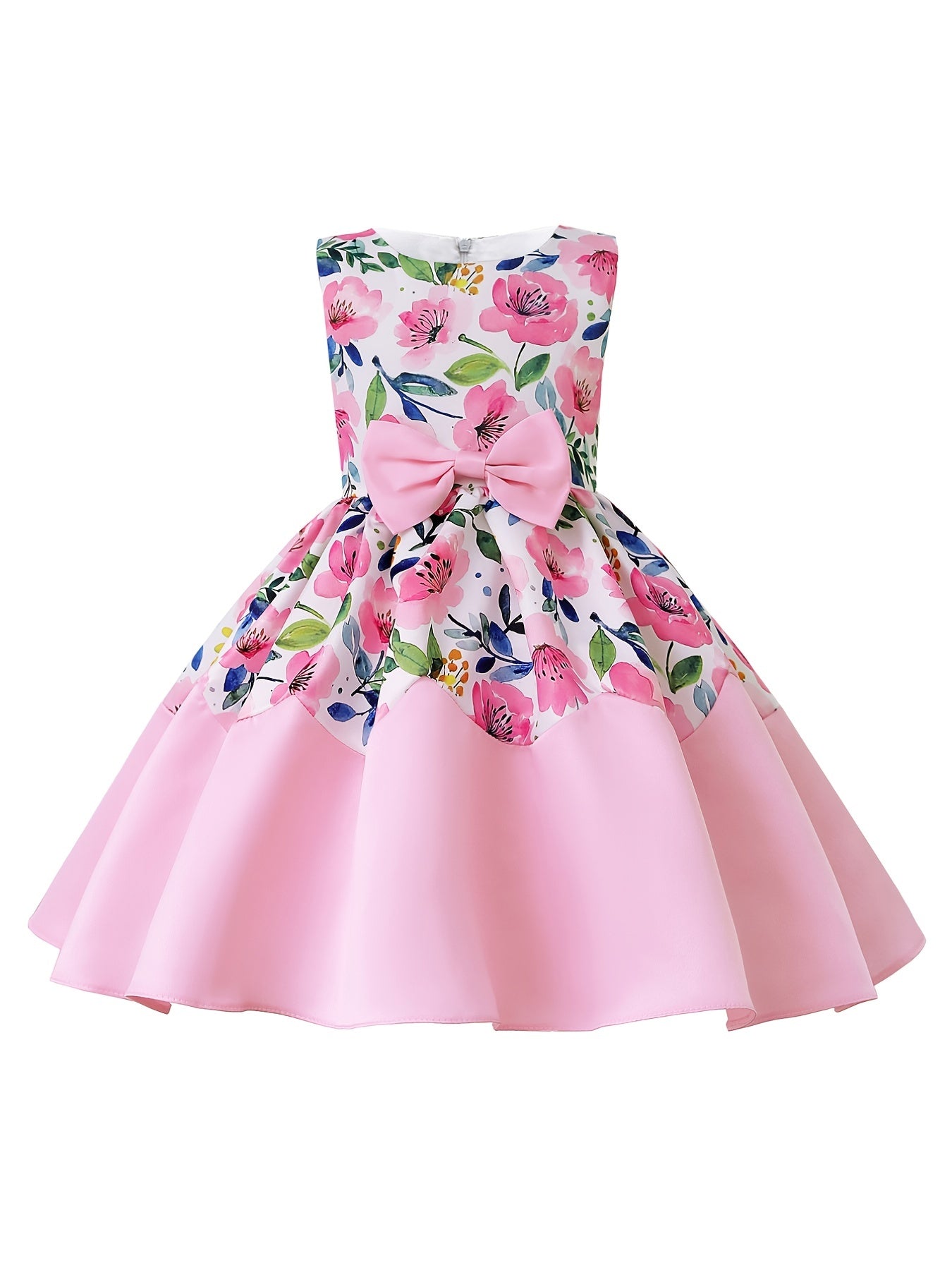 Girls Elegant Floral Print Sleeveless Dress with Bow