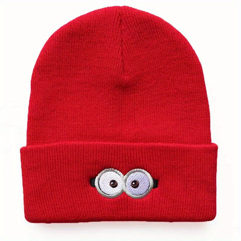 Anime Eyes Glasses Embroidery Wool Beanie Hat, Windproof Knit Cap