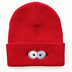 Anime Eyes Glasses Embroidery Wool Beanie Hat, Windproof Knit Cap