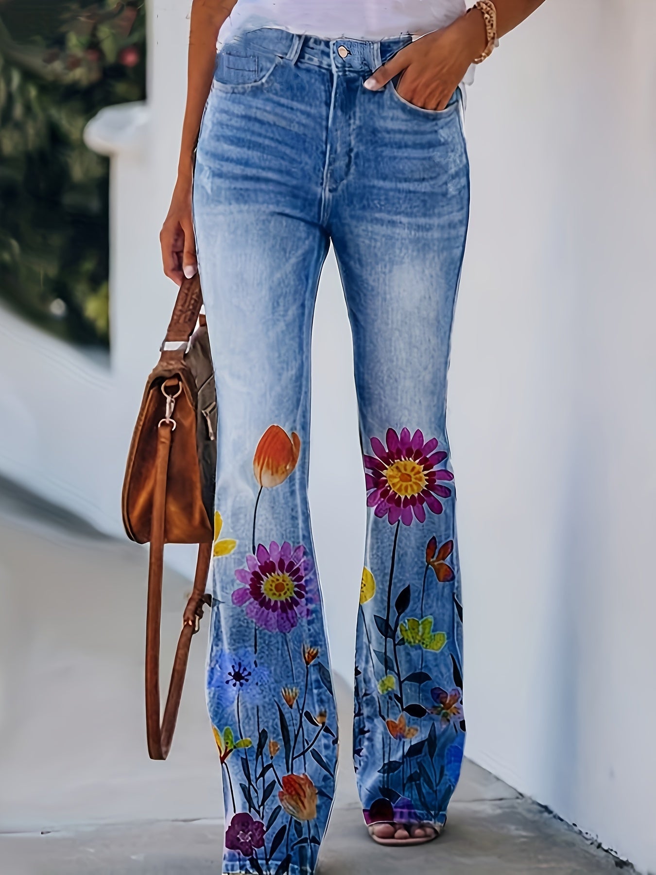  Women's Floral & Denim Print Flared Leg Trousers